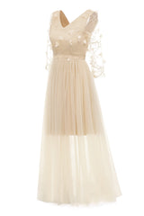 Apricot Tüll Langärmeliges Vintage Kleid mit Applikationen