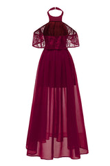 Burgunderrotes Neckholder Tüll Vintage Kleid mit Spitze