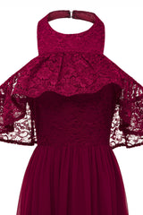 Burgunderrotes Neckholder Tüll Vintage Kleid mit Spitze