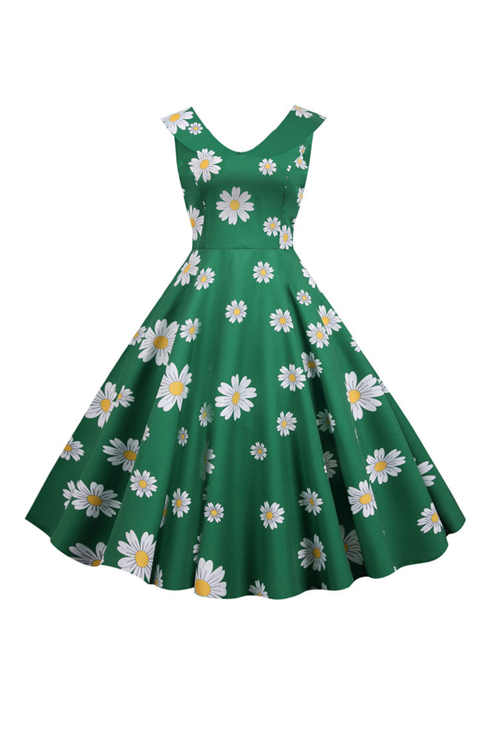 Ärmelloses bedrucktes gelbes Kleid aus den 1950er Jahren