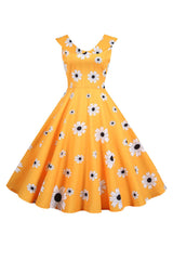 Ärmelloses bedrucktes gelbes Kleid aus den 1950er Jahren