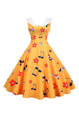 Bedrucktes ärmelloses gelbes Vintage-Kleid