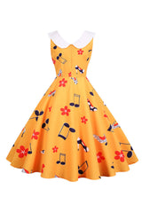 Bedrucktes ärmelloses gelbes Vintage-Kleid