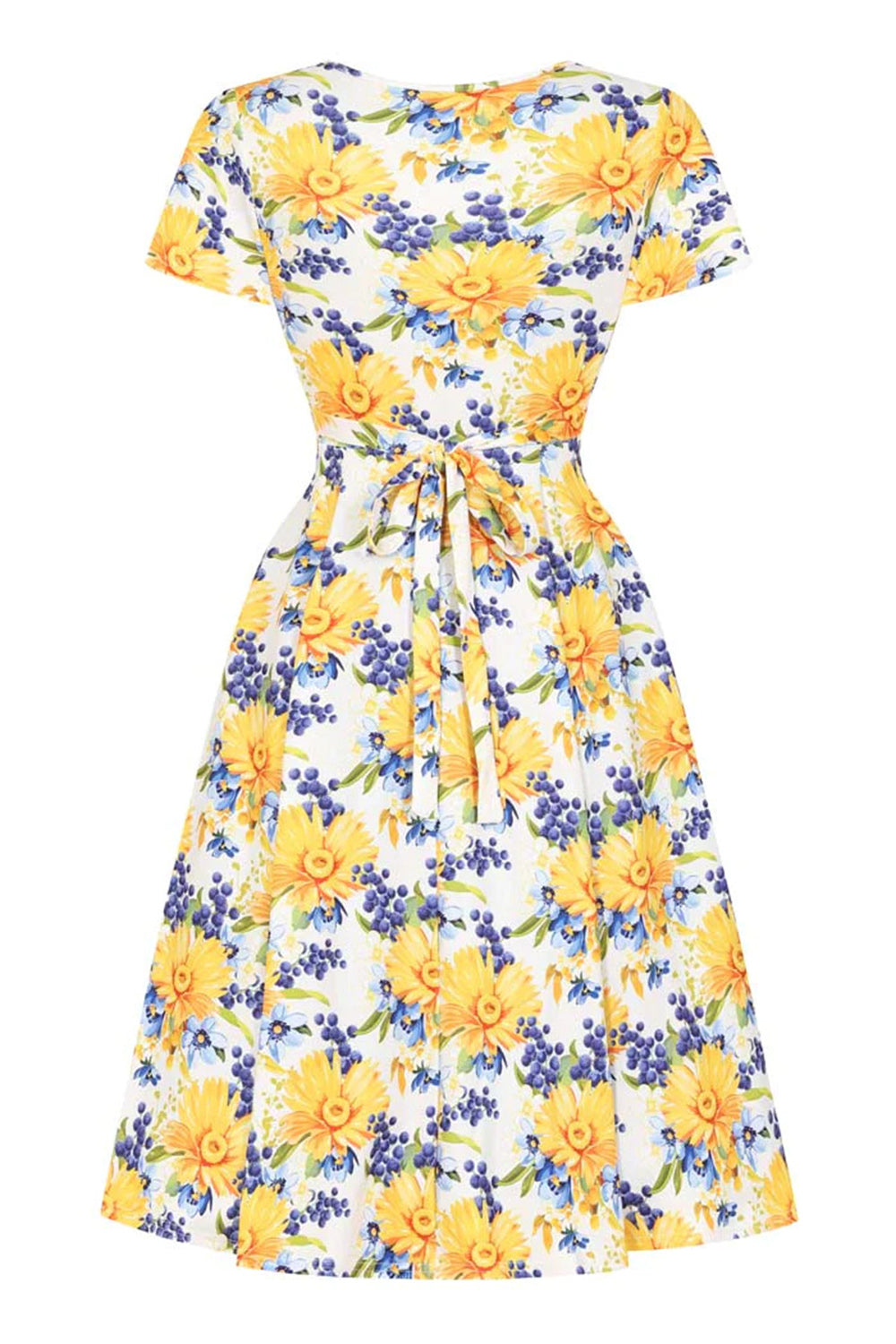 Gelbes Vintage-Kleid mit V-Ausschnitt und kurzen Ärmeln
