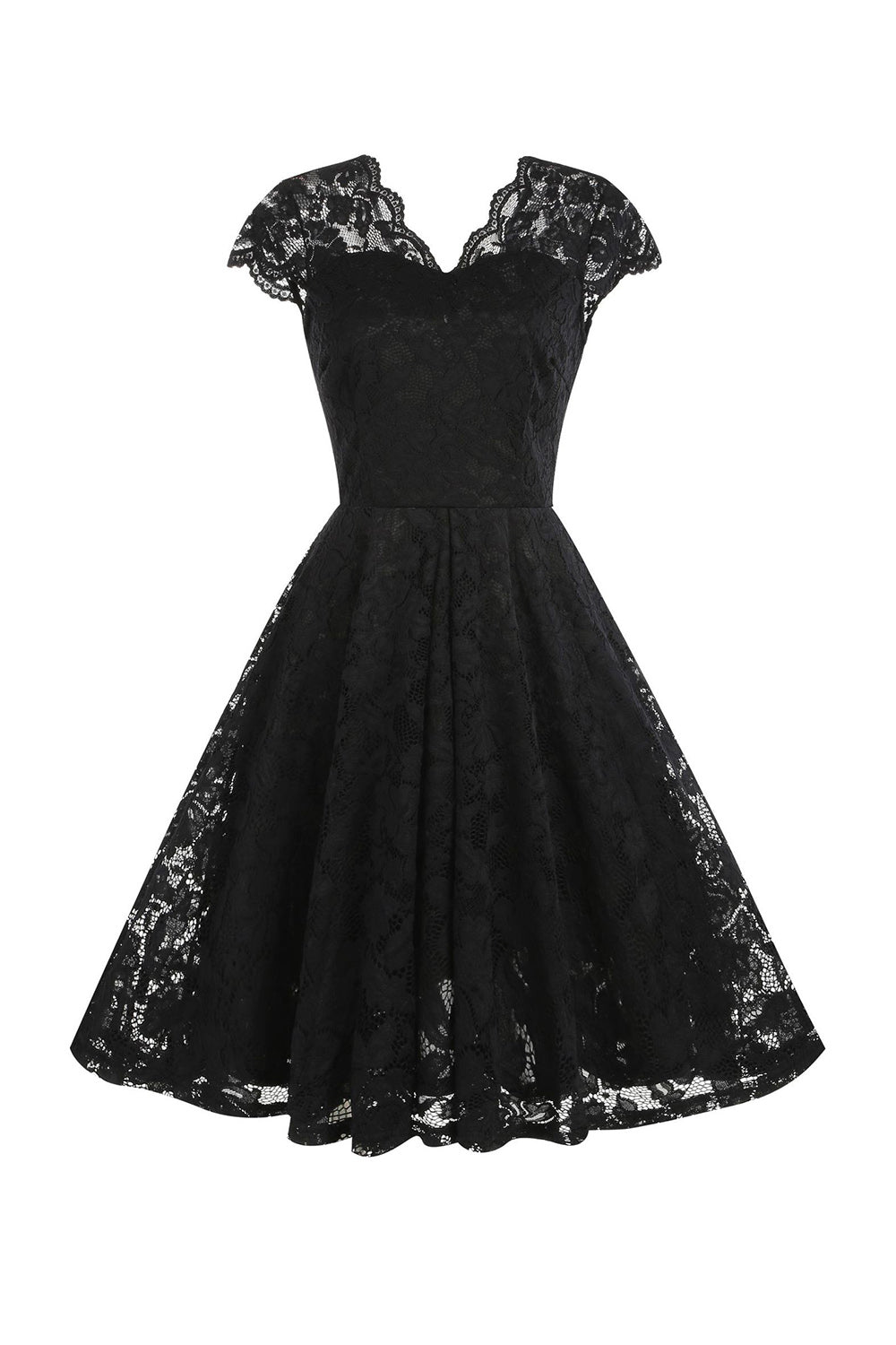 V-Ausschnitt Schwarzes Spitzenkleid im Hepburn-Stil der 1950er Jahre