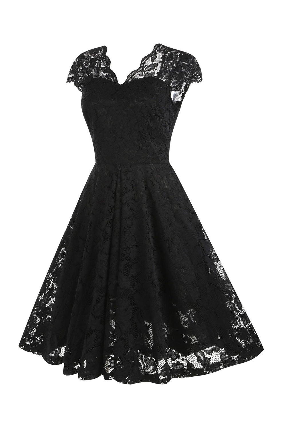 V-Ausschnitt Schwarzes Spitzenkleid im Hepburn-Stil der 1950er Jahre