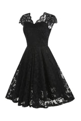 V-Ausschnitt Schwarzes Spitzenkleid im Hepburn-Stil der 1950er Jahre