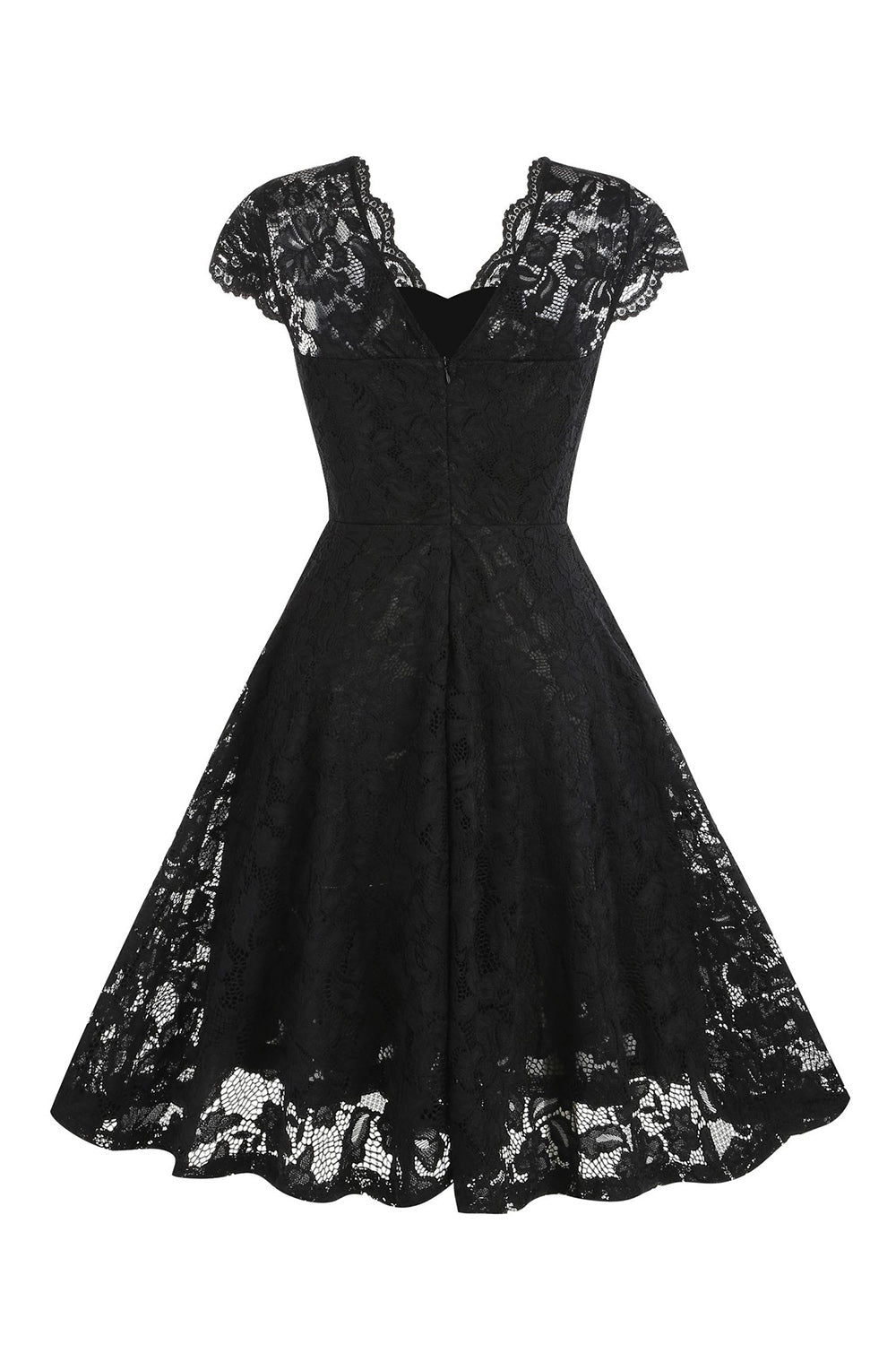 V-Ausschnitt Schwarzes Spitzenkleid im Hepburn-Stil der 1950er Jahre