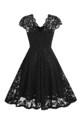 V-Ausschnitt Schwarzes Spitzenkleid im Hepburn-Stil der 1950er Jahre