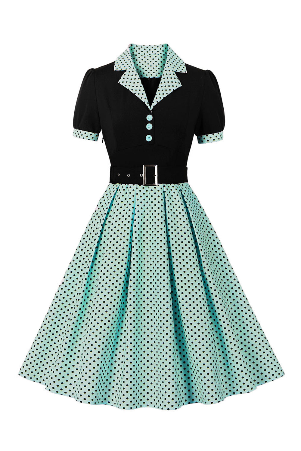Grünes kurzärmeliges Polka Dots 1950er Jahre Kleid mit Gürtel