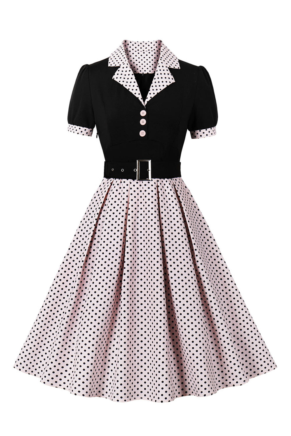 Grünes kurzärmeliges Polka Dots 1950er Jahre Kleid mit Gürtel