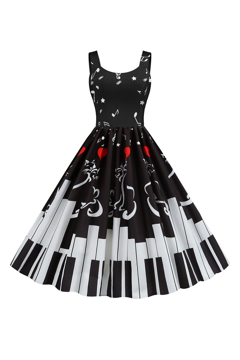 Schwarzes ärmelloses bedrucktes Kleid aus den 1950er Jahren