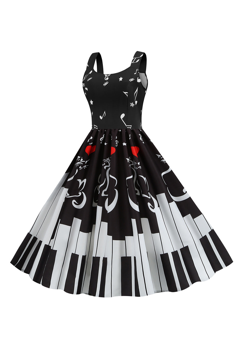Schwarzes ärmelloses bedrucktes Kleid aus den 1950er Jahren