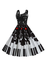 Schwarzes ärmelloses bedrucktes Kleid aus den 1950er Jahren
