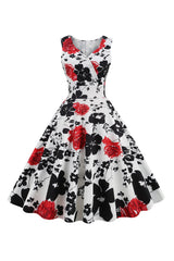 Weißes ärmelloses Vintage Kleid mit Blumendruck