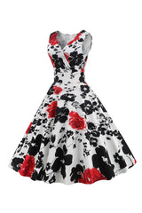 Weißes ärmelloses Vintage Kleid mit Blumendruck