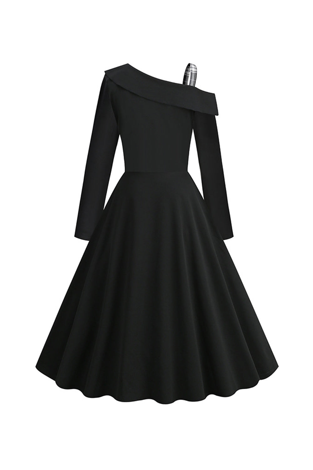 Schwarz kariertes Kleid im Retro-Stil mit einer Schulter aus den 1950er Jahren