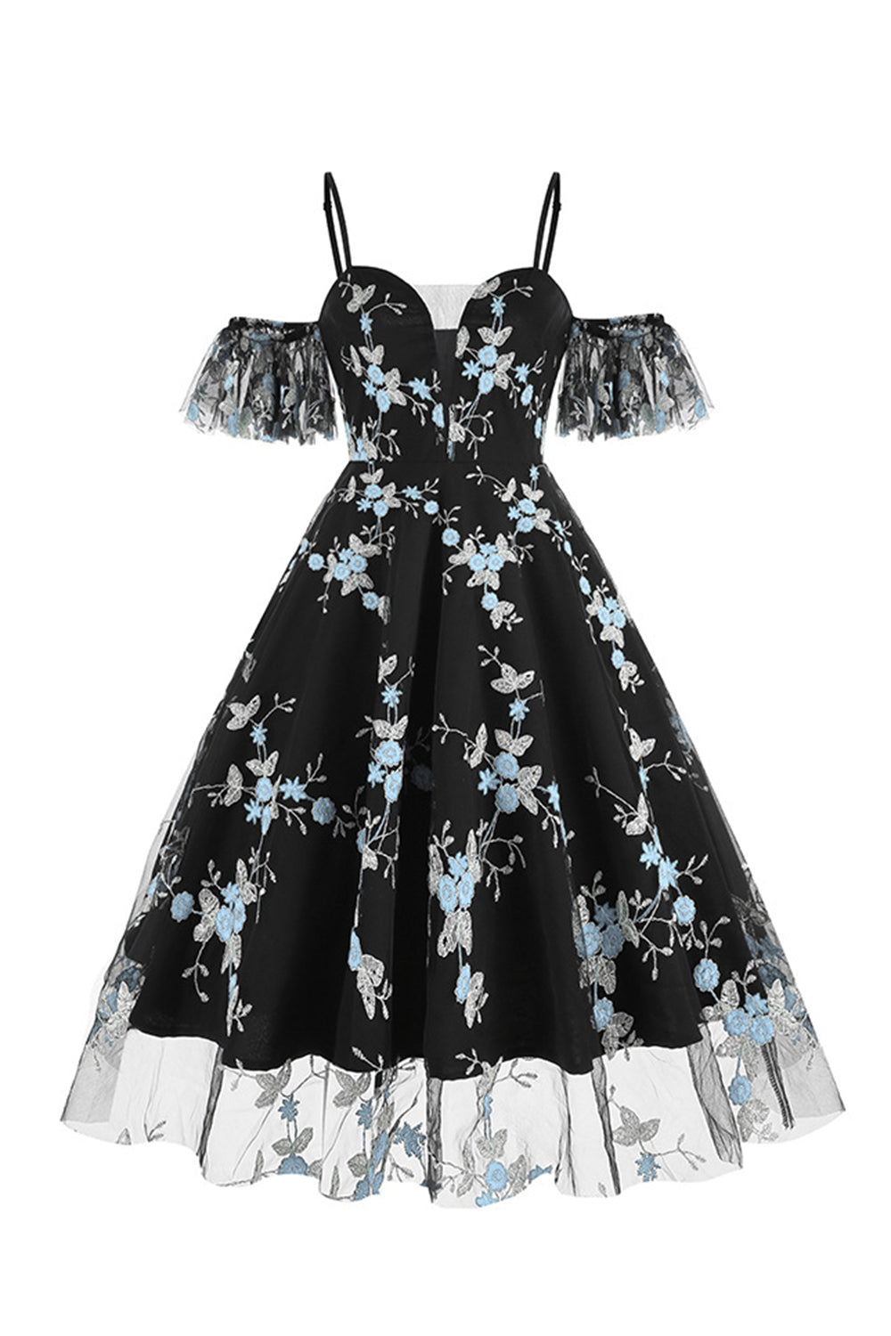 Schulterfreies blaues Kleid aus den 1950er Jahren mit Stickerei