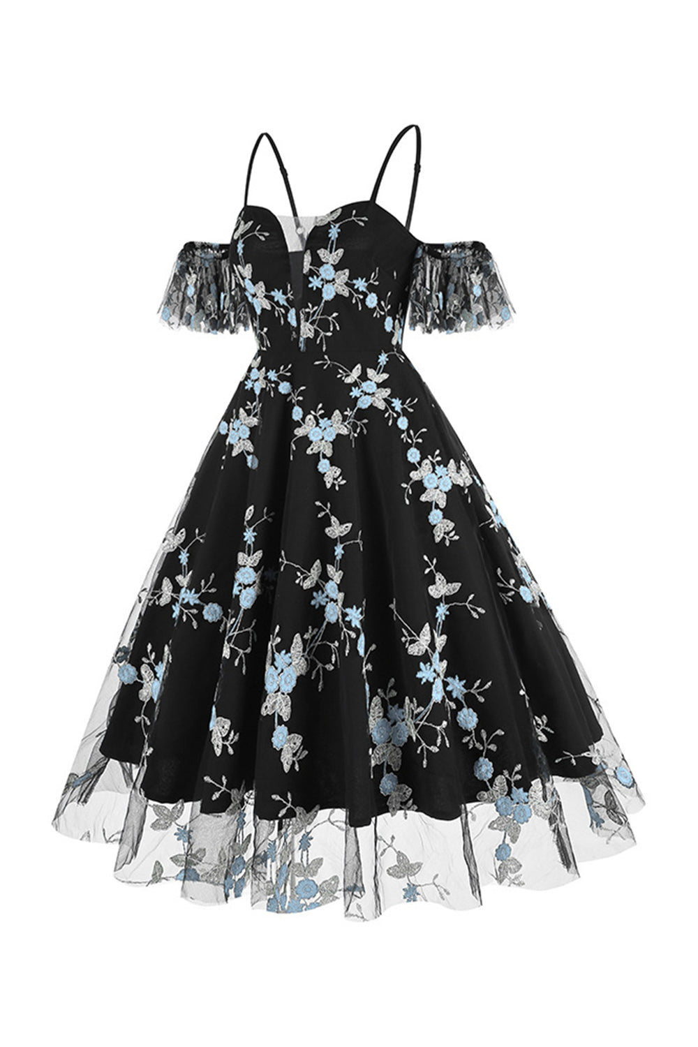 Schulterfreies blaues Kleid aus den 1950er Jahren mit Stickerei