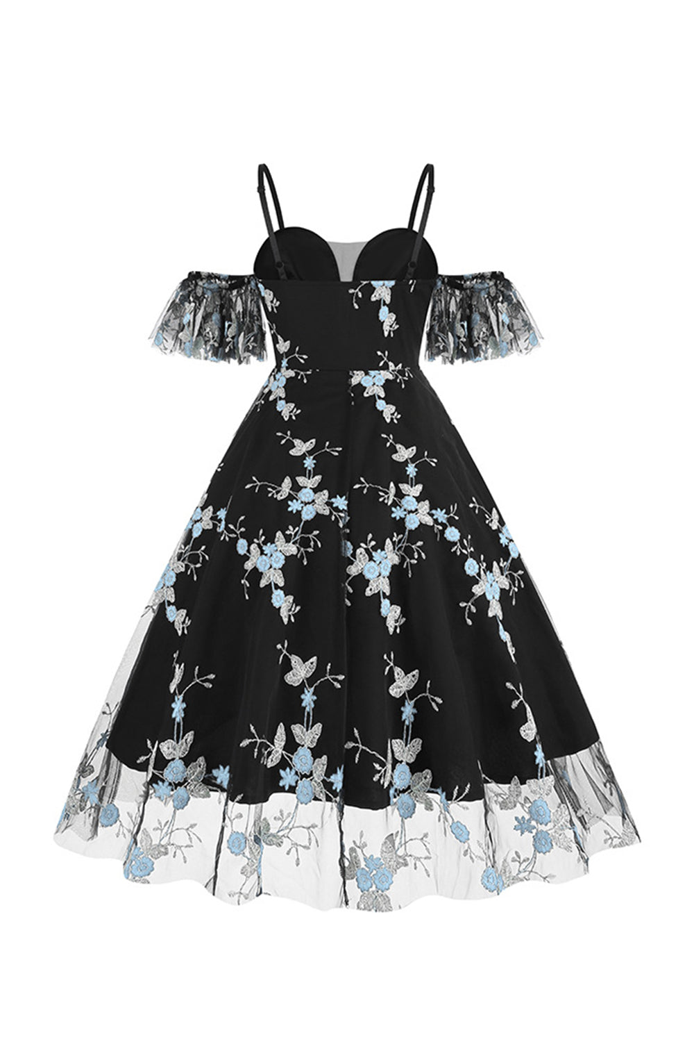 Schulterfreies blaues Kleid aus den 1950er Jahren mit Stickerei