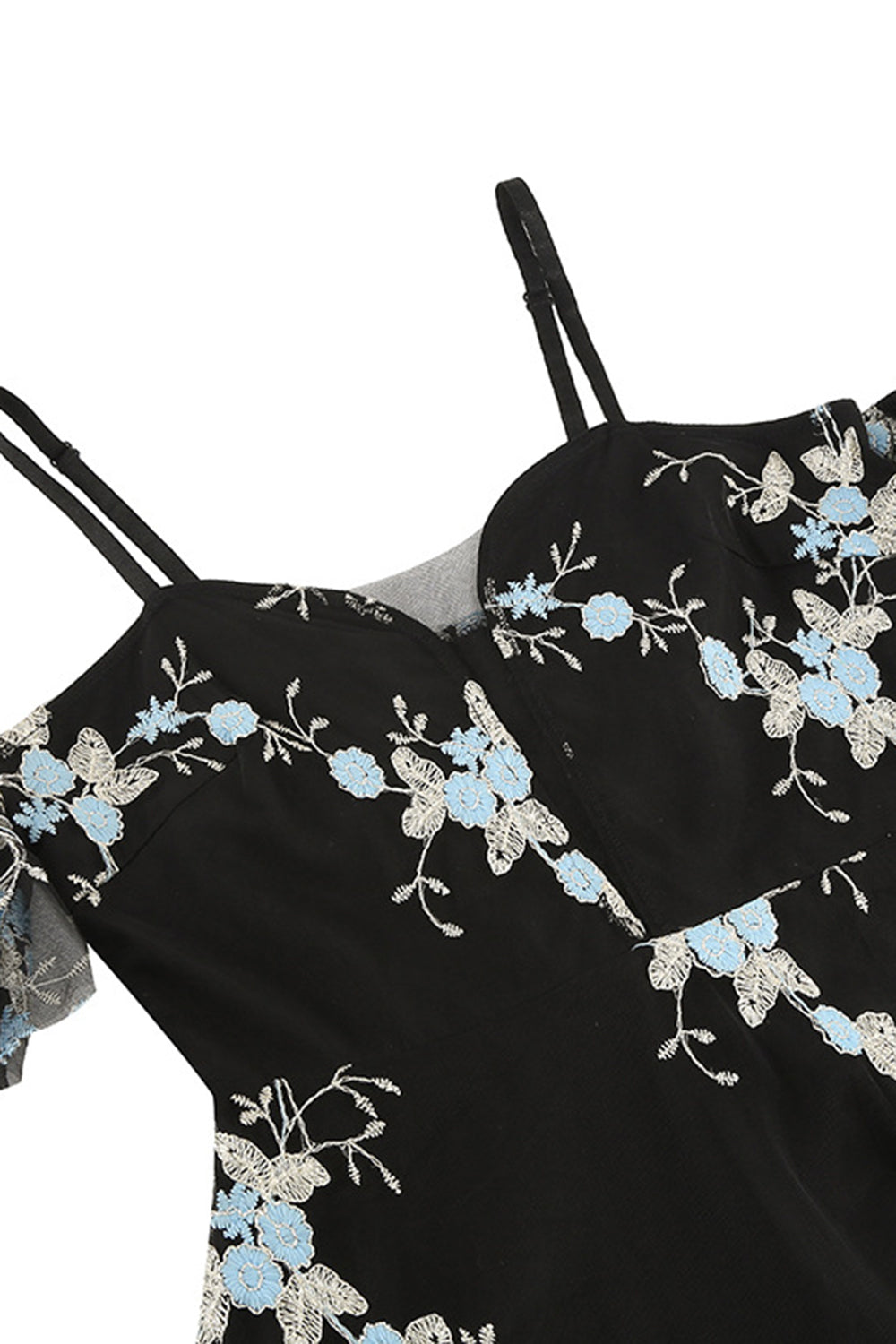 Schulterfreies blaues Kleid aus den 1950er Jahren mit Stickerei