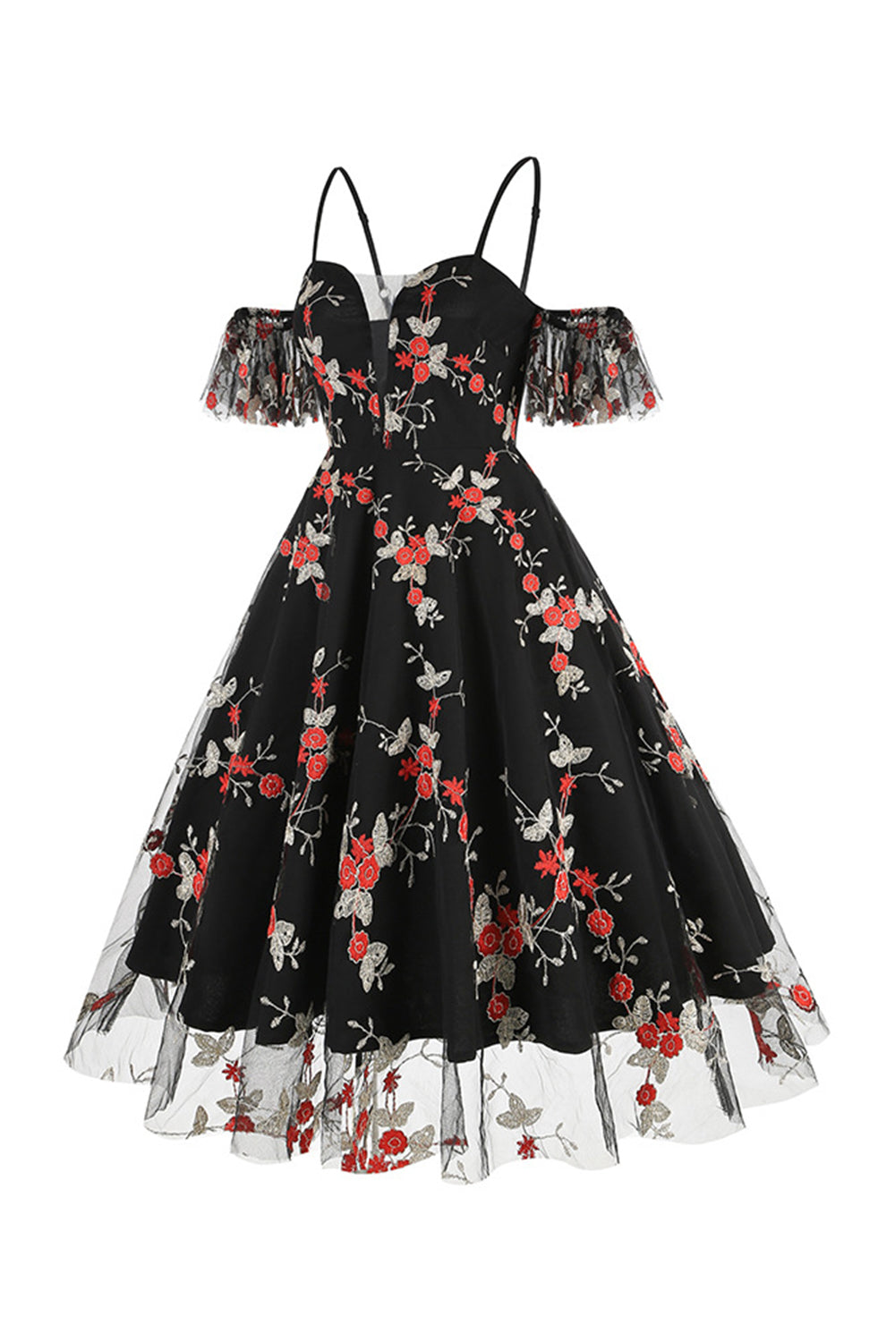 Schulterfreies blaues Kleid aus den 1950er Jahren mit Stickerei