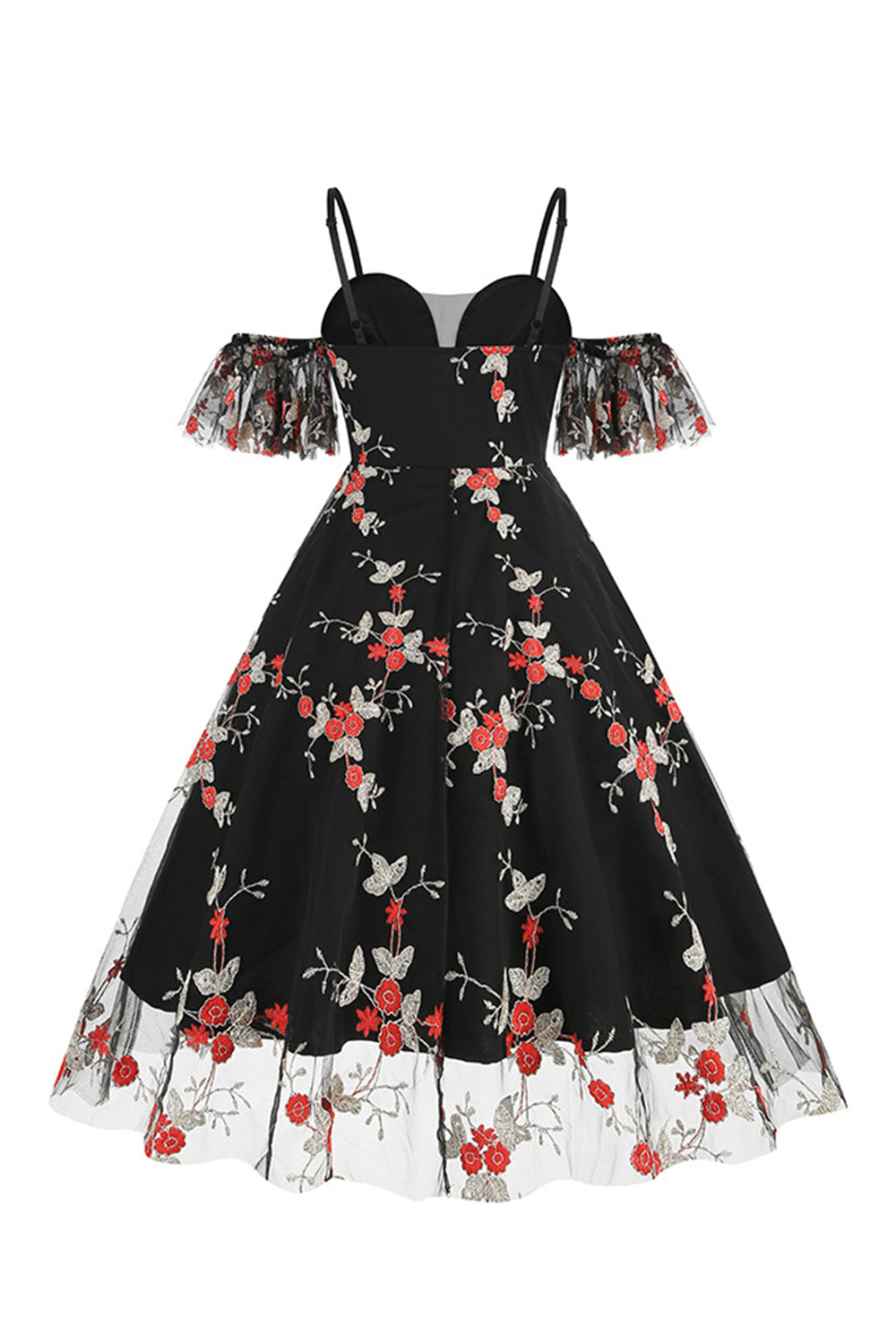 Schulterfreies blaues Kleid aus den 1950er Jahren mit Stickerei