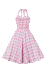 A Linie Neckholder Rosa Kariertes Kleid aus den 1950er Jahren