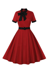 Rotes A-Line Rockabilly Kleid mit Gürtel