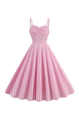 Spaghettiträger rosa Streifen Swing Kleid aus den 1950er Jahren
