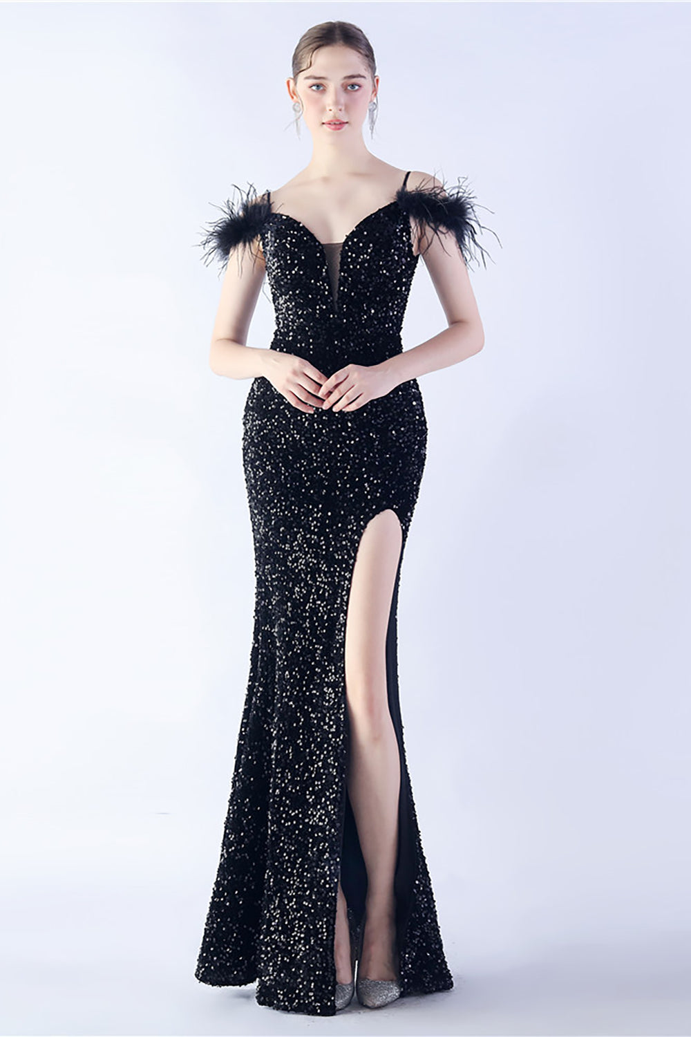 Meerjungfrau Spaghettiträger Pailletten Abendkleid mit Federn