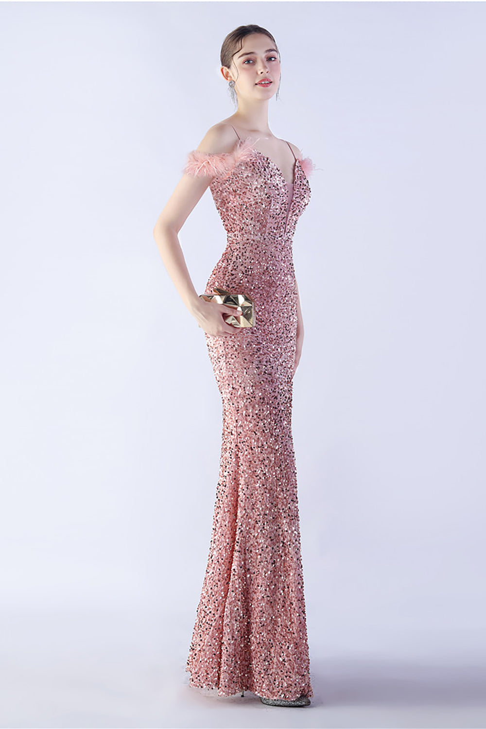 Meerjungfrau Spaghettiträger Pailletten Abendkleid mit Federn