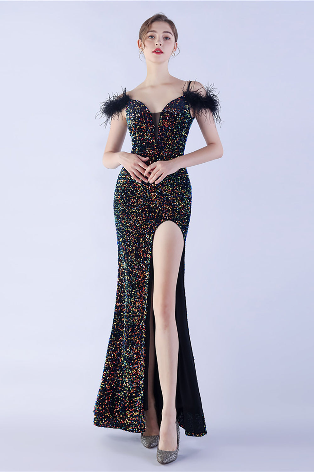 Meerjungfrau Spaghettiträger Pailletten Abendkleid mit Federn