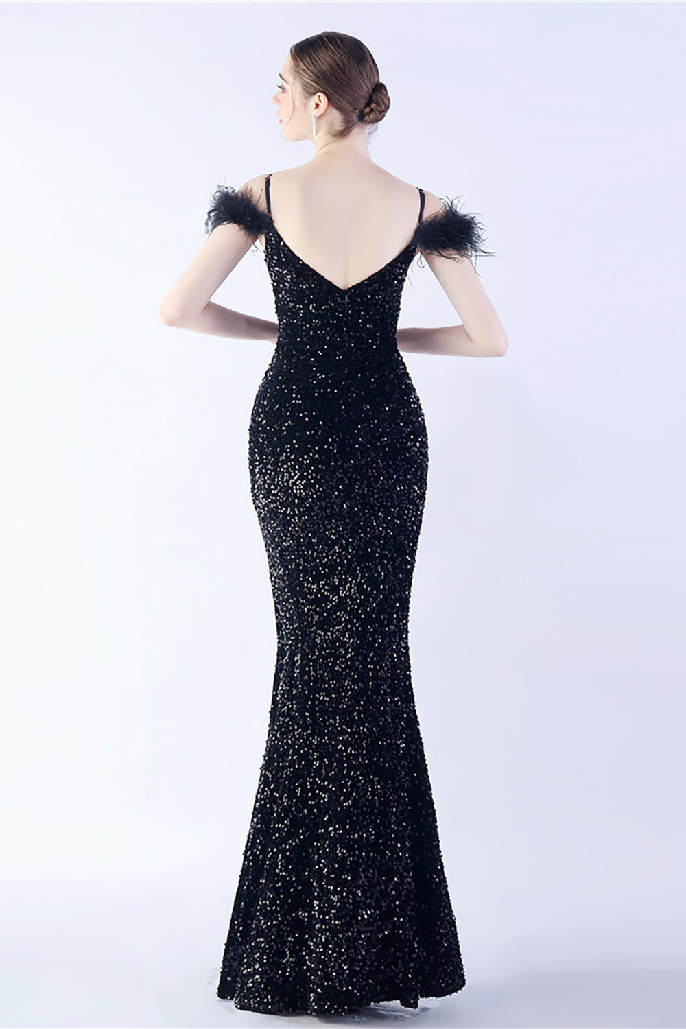 Meerjungfrau Spaghettiträger Pailletten Abendkleid mit Federn
