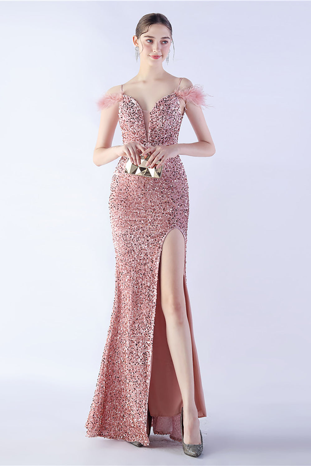 Meerjungfrau Spaghettiträger Pailletten Abendkleid mit Federn