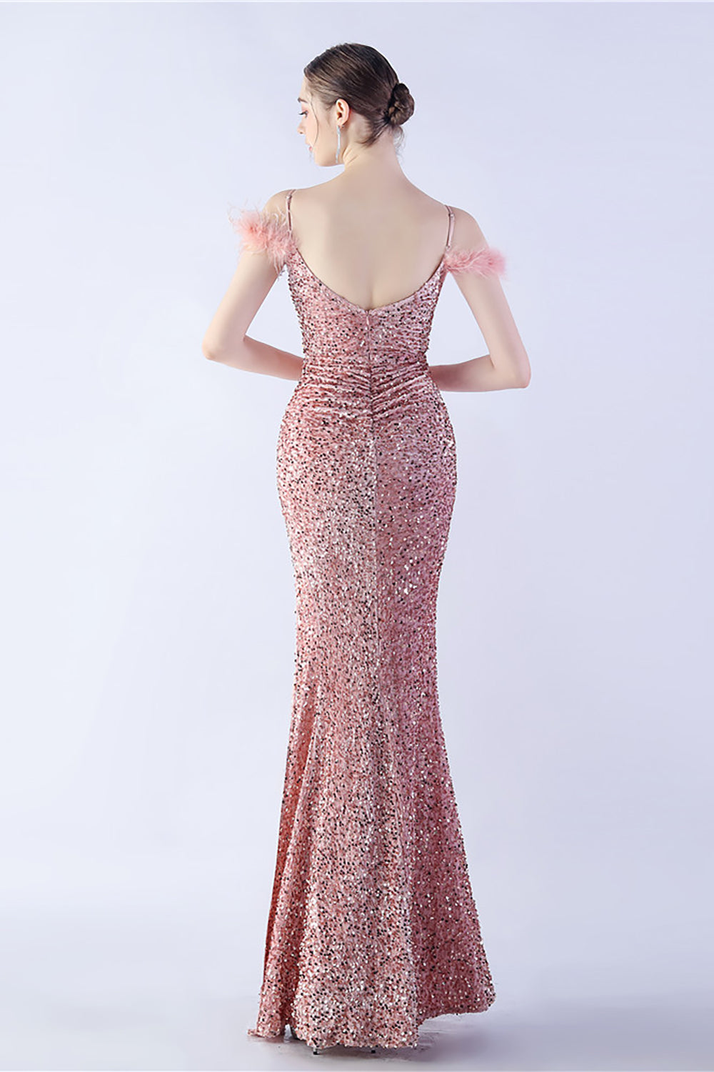 Meerjungfrau Spaghettiträger Pailletten Abendkleid mit Federn