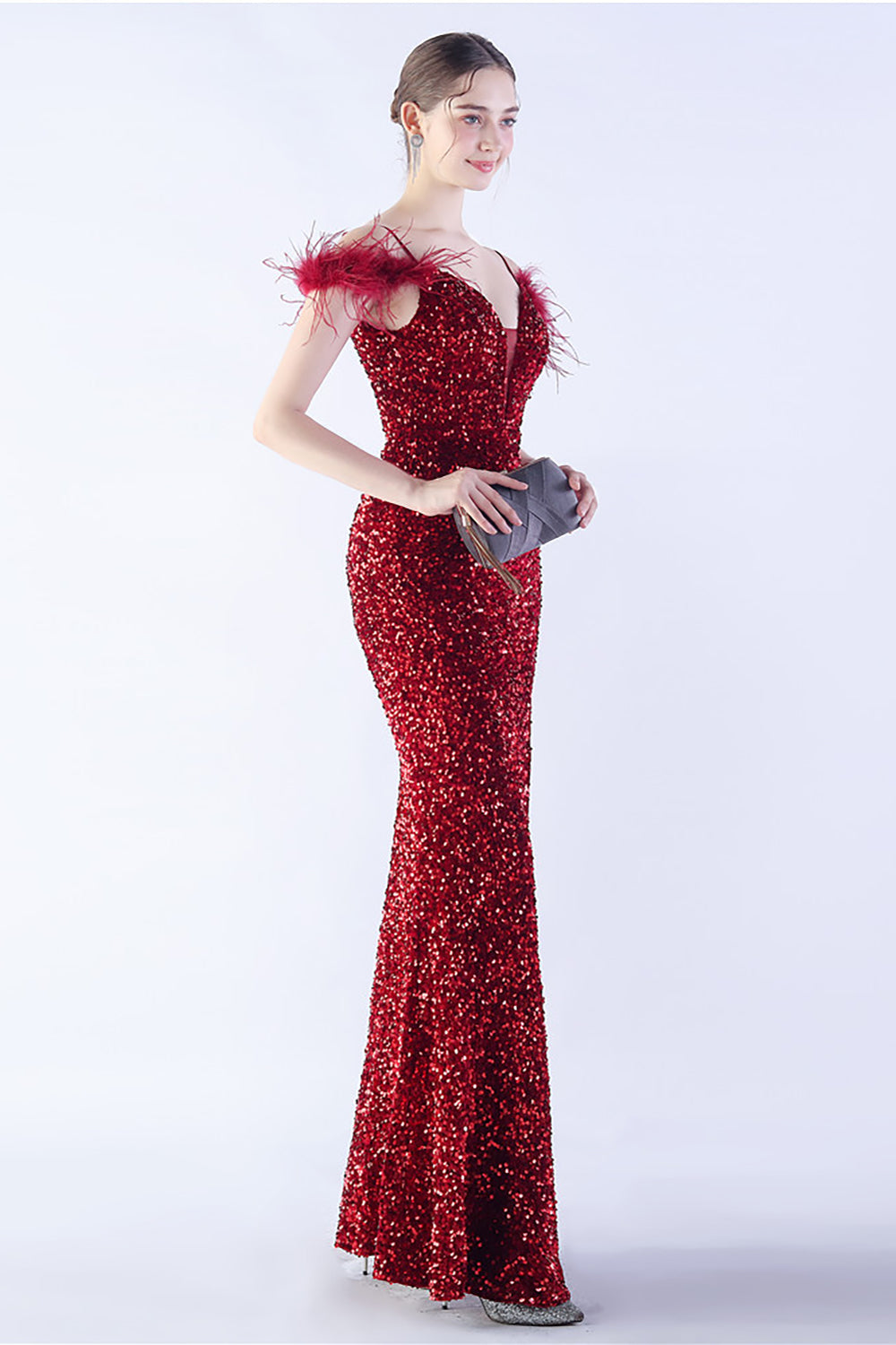 Meerjungfrau Spaghettiträger Pailletten Abendkleid mit Federn