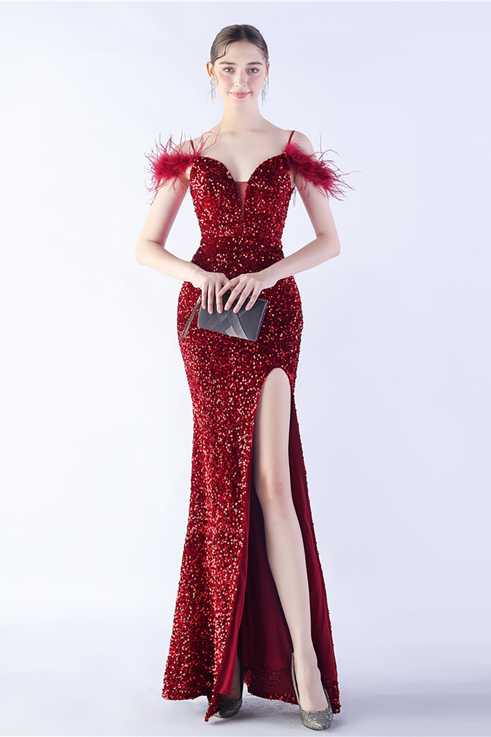 Meerjungfrau Spaghettiträger Pailletten Abendkleid mit Federn