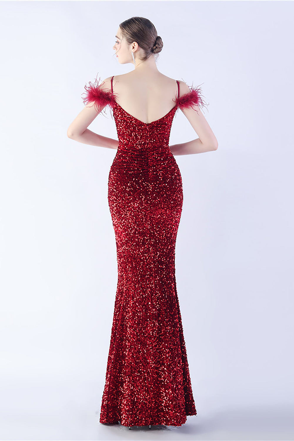 Meerjungfrau Spaghettiträger Pailletten Abendkleid mit Federn