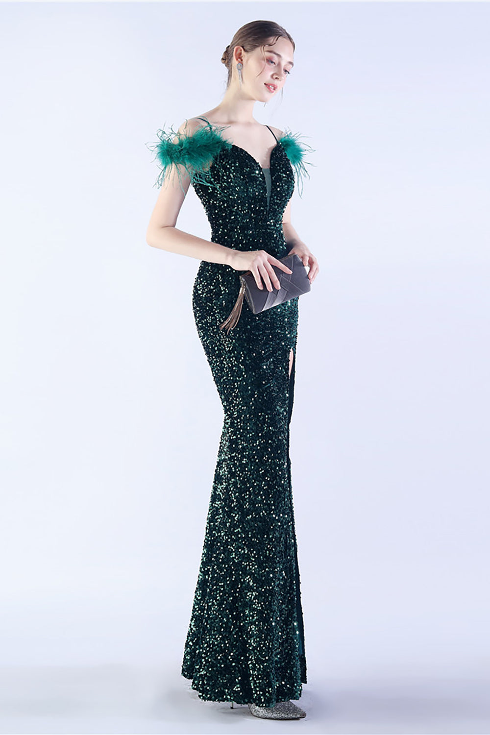 Meerjungfrau Spaghettiträger Pailletten Abendkleid mit Federn