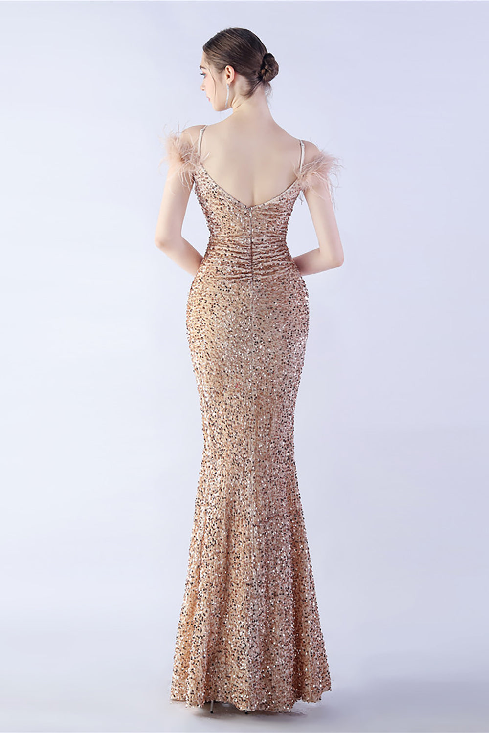 Meerjungfrau Spaghettiträger Pailletten Abendkleid mit Federn