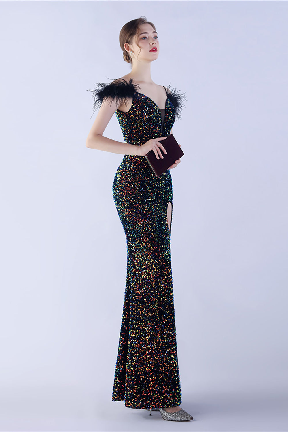 Meerjungfrau Spaghettiträger Pailletten Abendkleid mit Federn