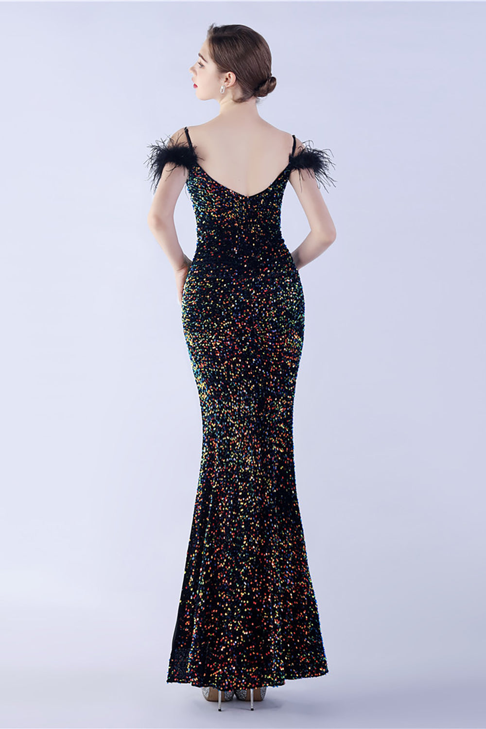 Meerjungfrau Spaghettiträger Pailletten Abendkleid mit Federn