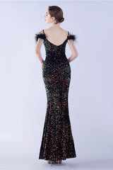 Meerjungfrau Spaghettiträger Pailletten Abendkleid mit Federn