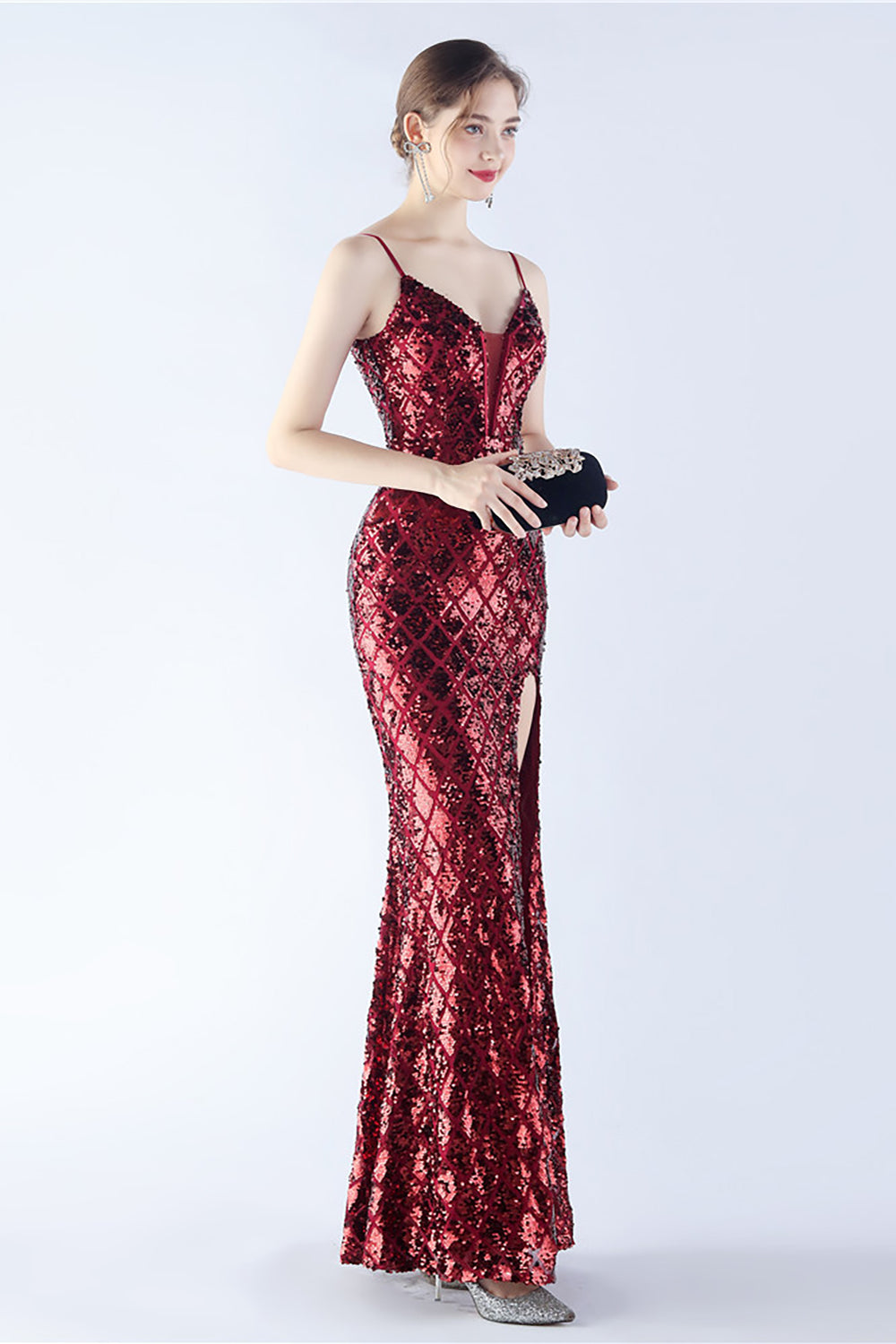 Burgunderrotes V-Ausschnitt Spaghettiträger Pailletten Kleid mit Schlitz