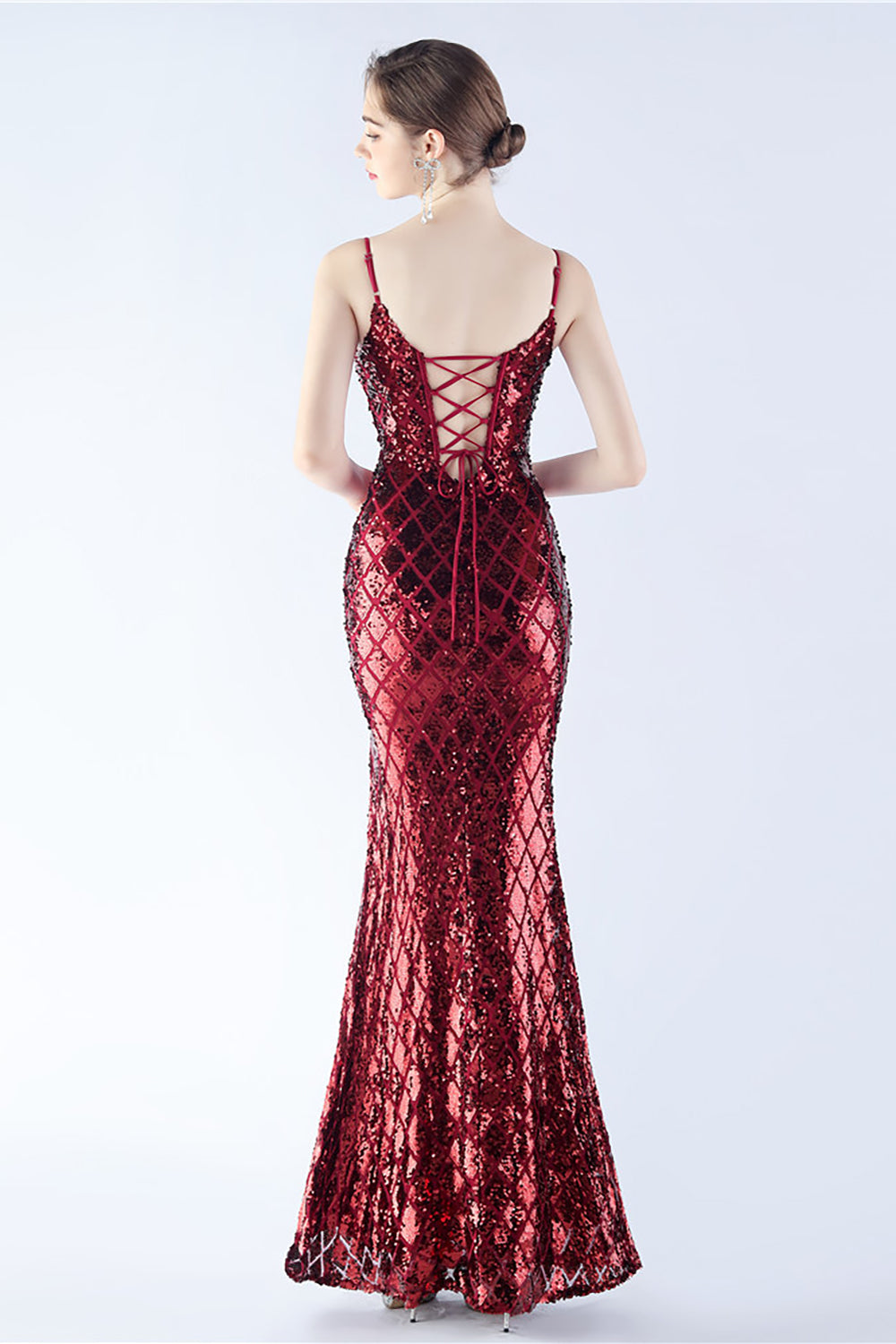 Burgunderrotes V-Ausschnitt Spaghettiträger Pailletten Kleid mit Schlitz