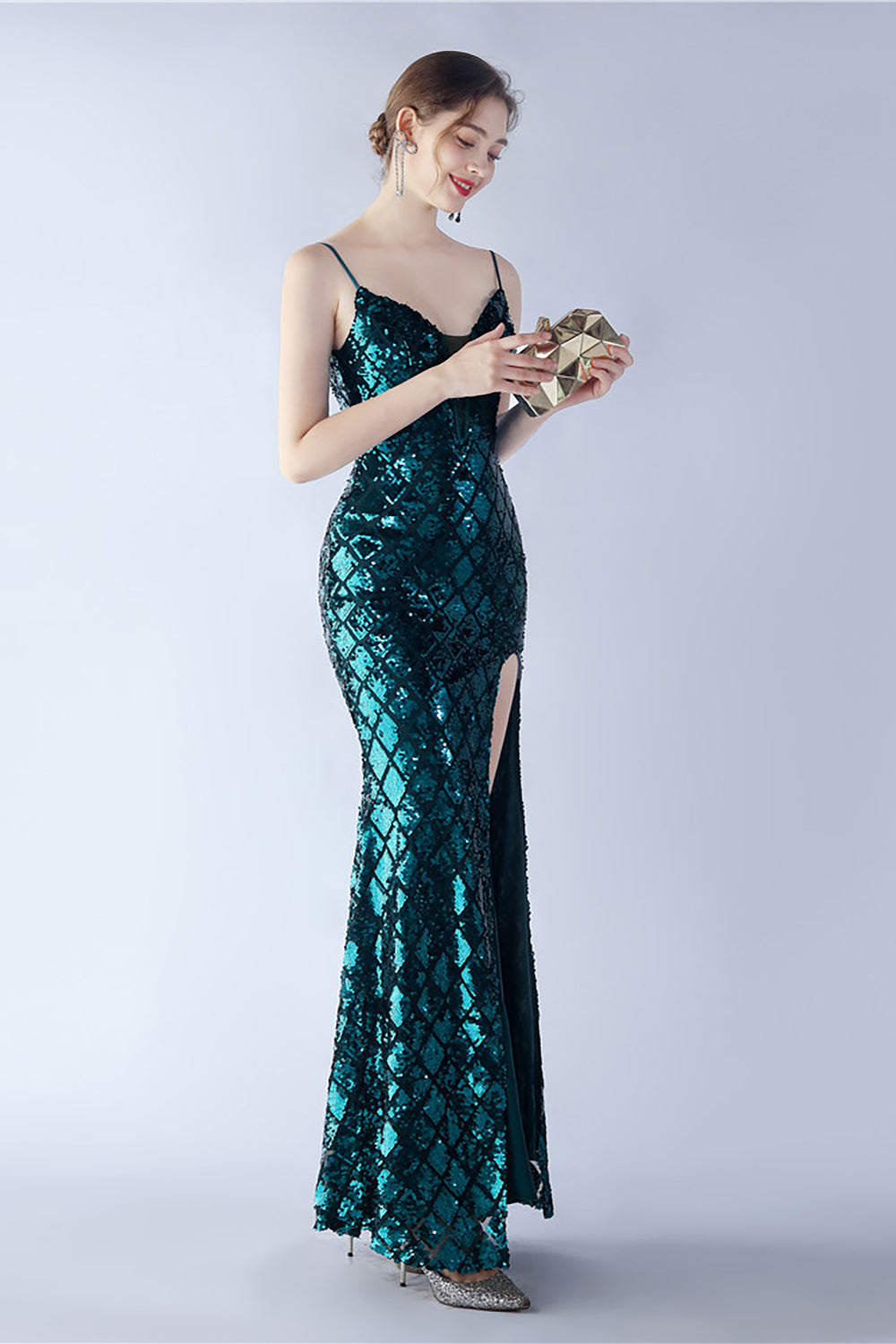 Burgunderrotes V-Ausschnitt Spaghettiträger Pailletten Kleid mit Schlitz