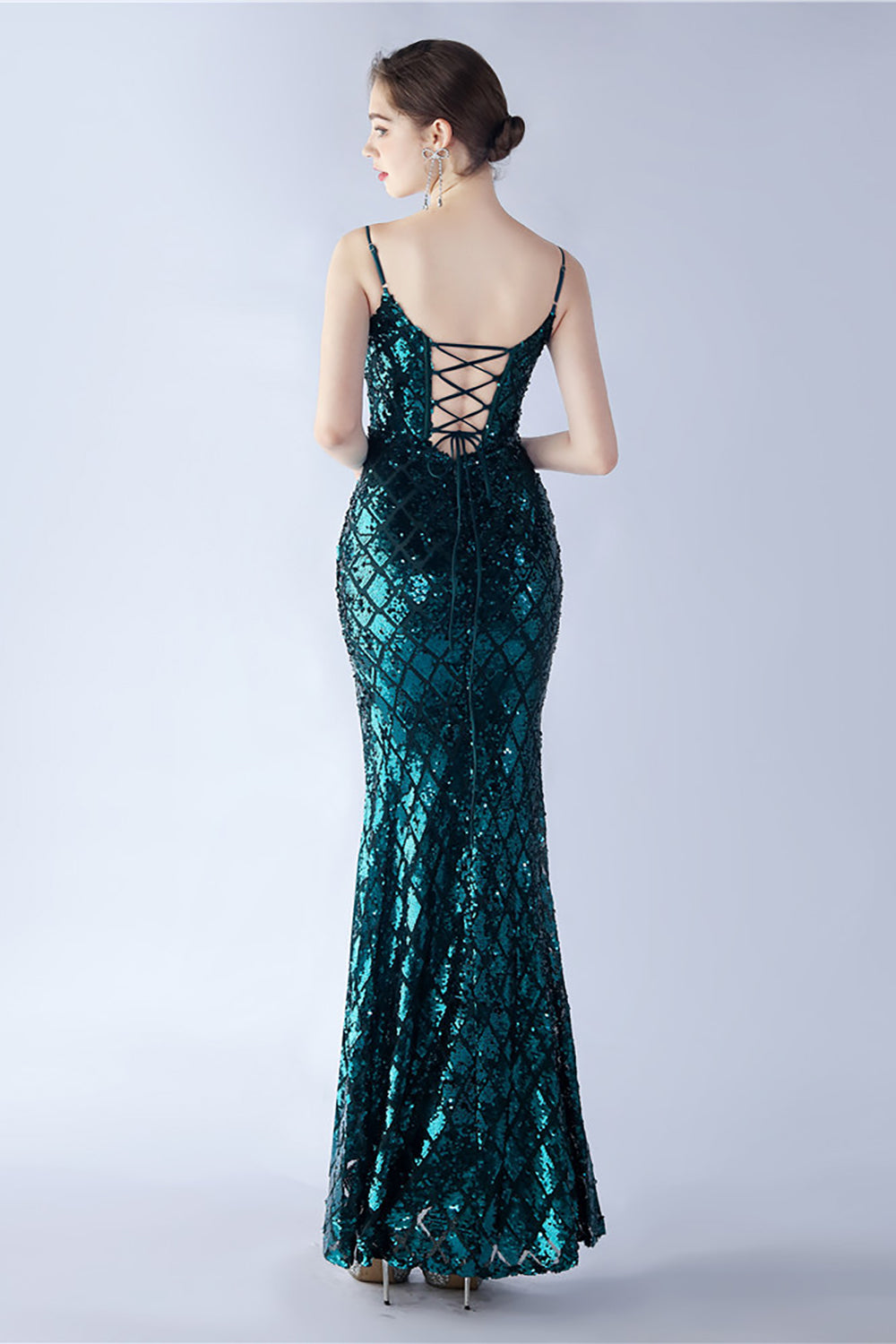 Burgunderrotes V-Ausschnitt Spaghettiträger Pailletten Kleid mit Schlitz
