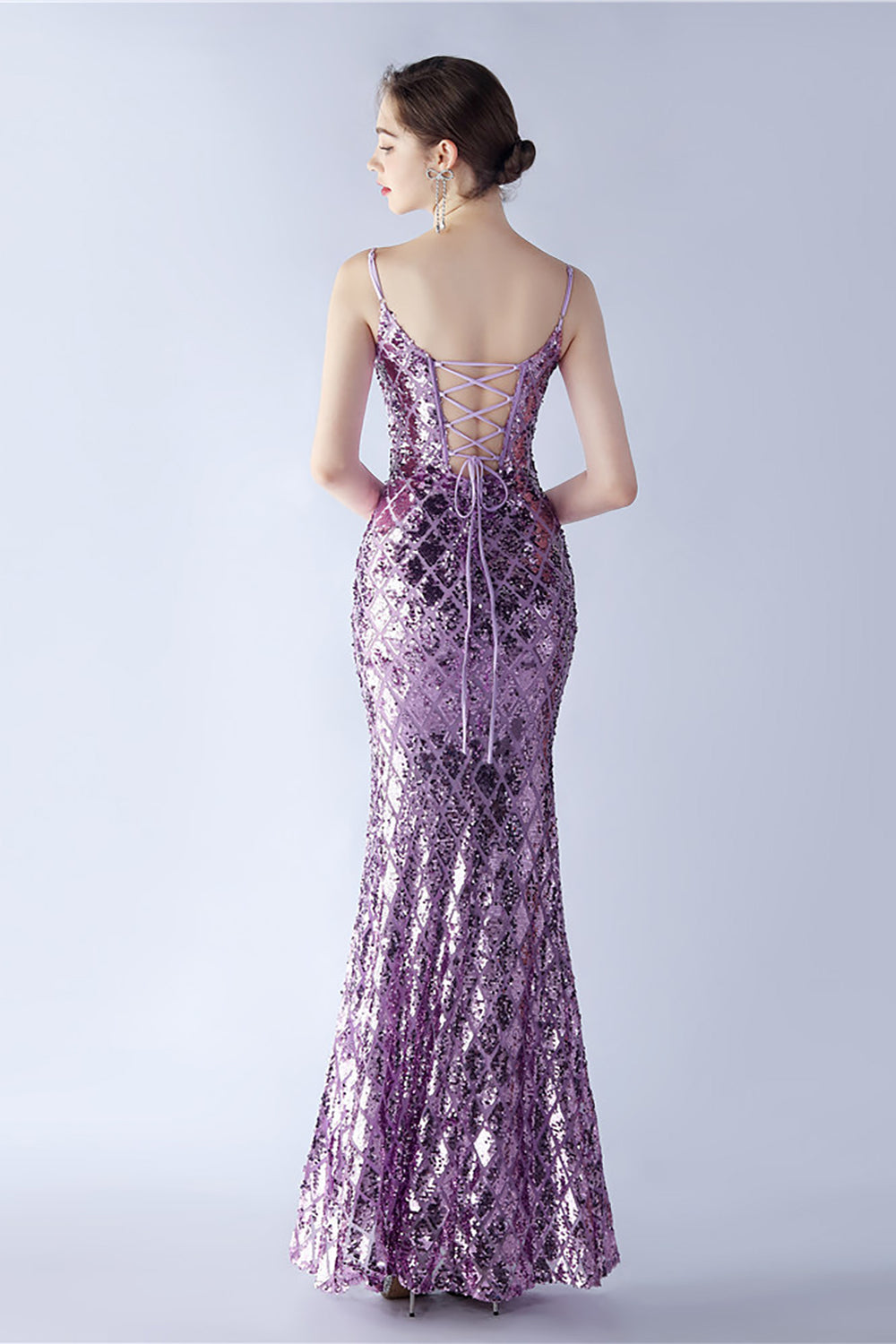 Burgunderrotes V-Ausschnitt Spaghettiträger Pailletten Kleid mit Schlitz