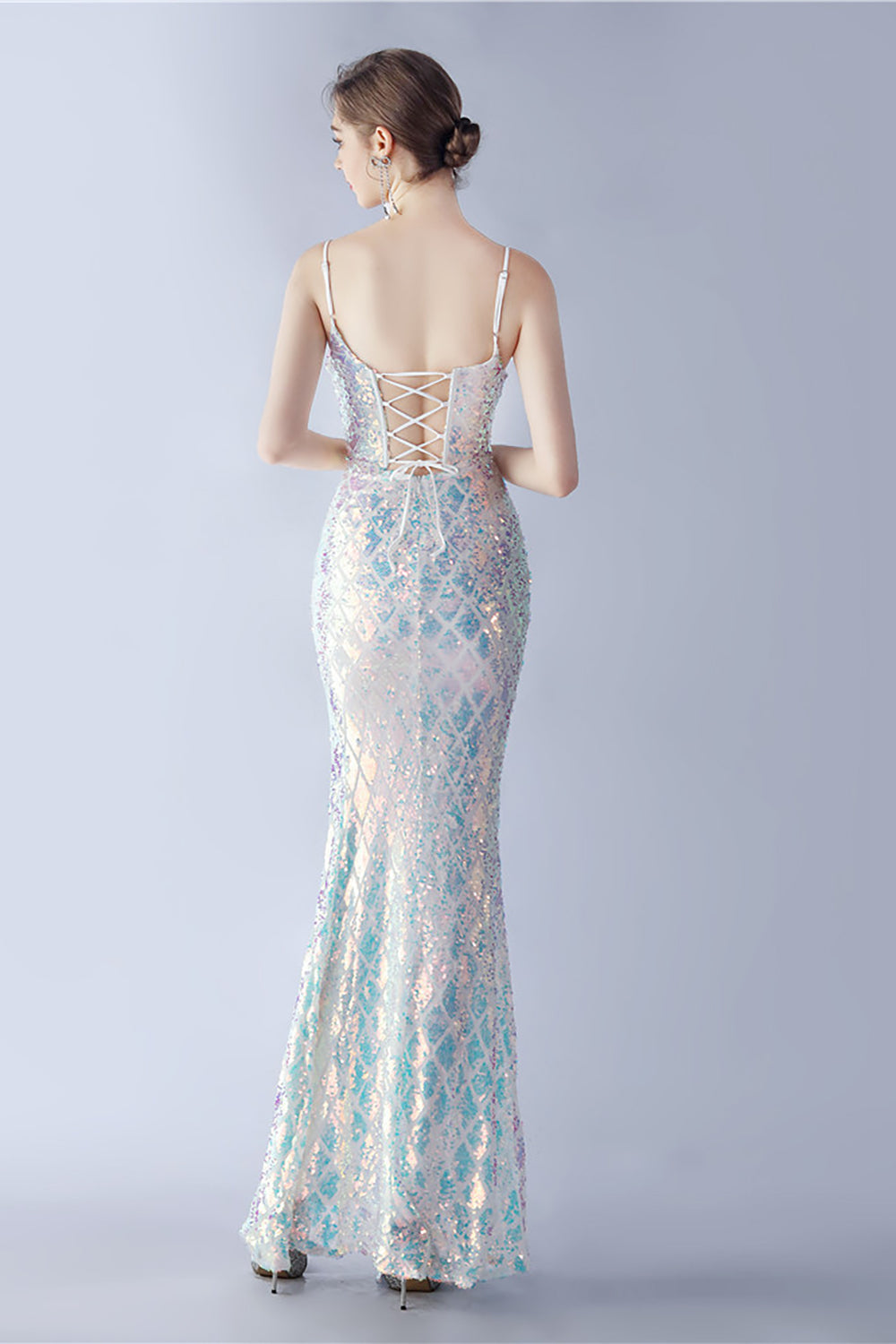Burgunderrotes V-Ausschnitt Spaghettiträger Pailletten Kleid mit Schlitz
